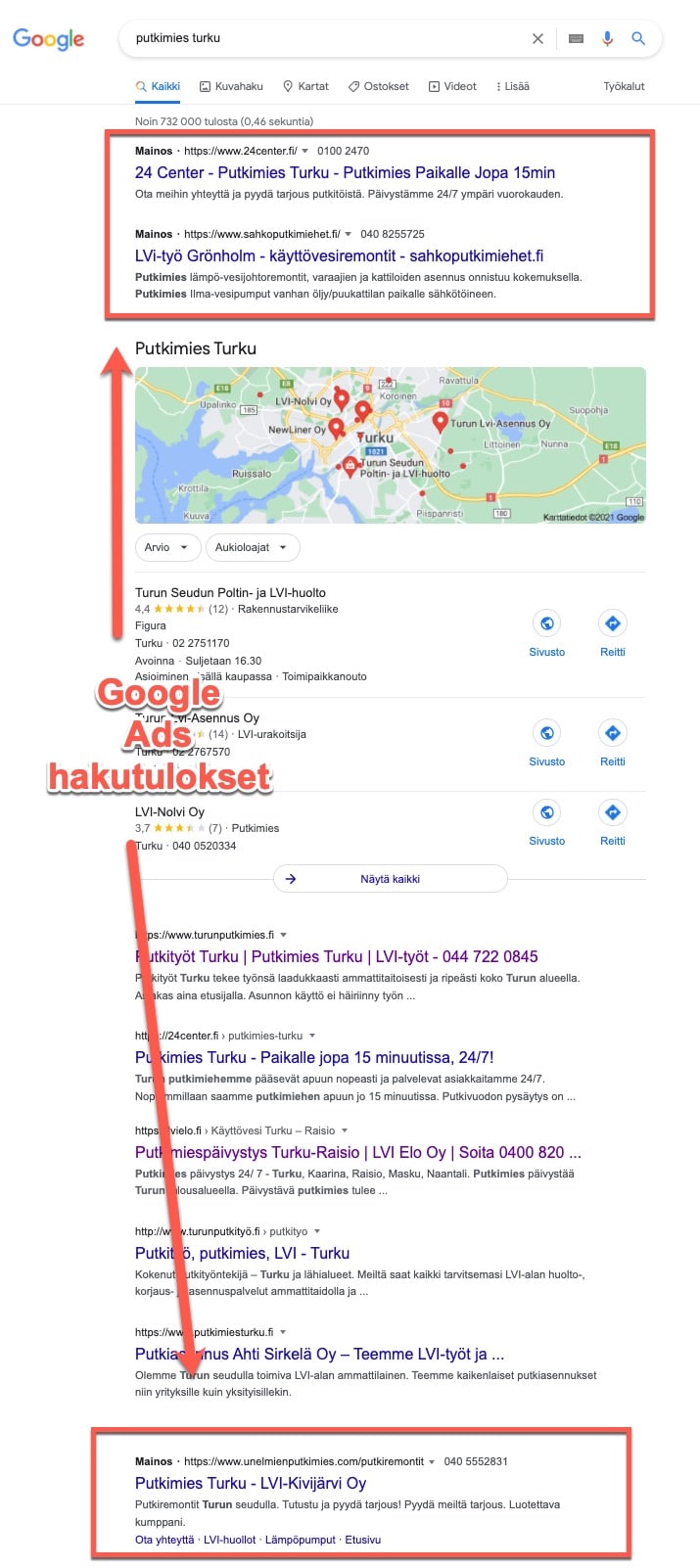 Google Ads hakusijoitukset SERP SEO putkimies turku