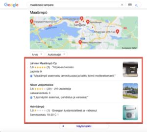 Google My Business hakutulokset hakusanalla maalämpö tampere SEO Kari Nieminen