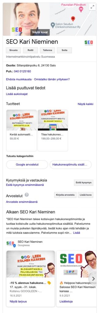 SEO Kari Nieminen hakukoneoptimointi yrityksen tietopaneeli