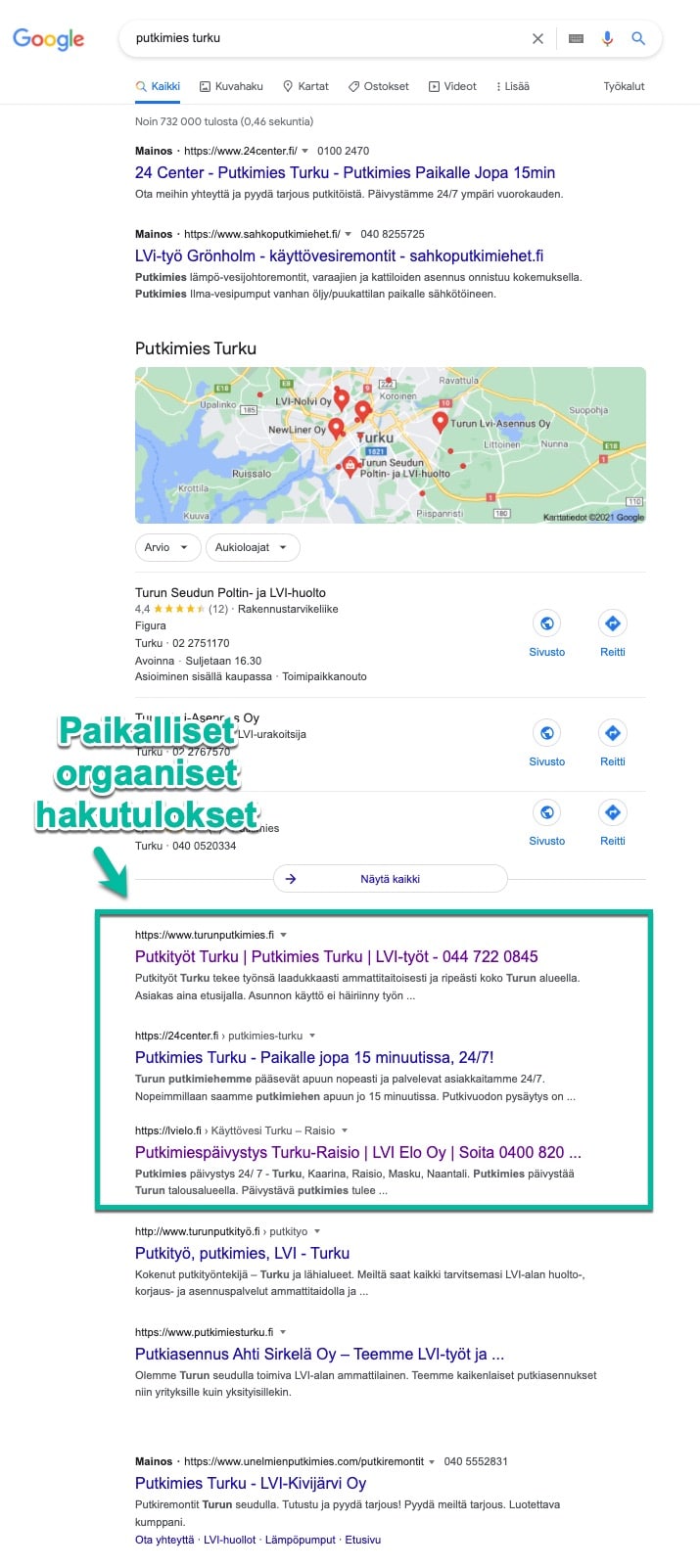 Googlen orgaaniset hakutulokset serp putkimies turku