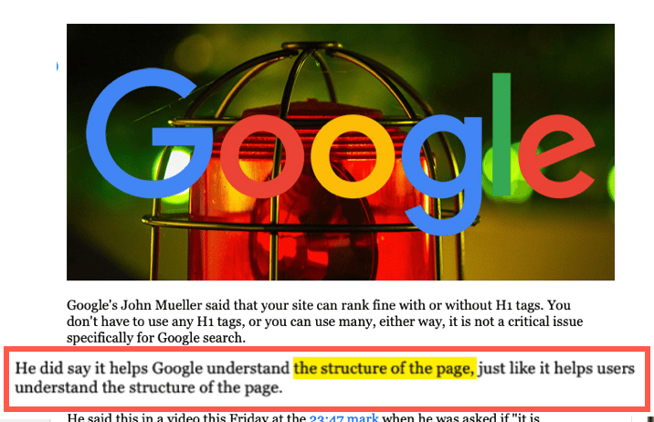 H1 auttaa Googlea ymmärtämään sivun rakenteen